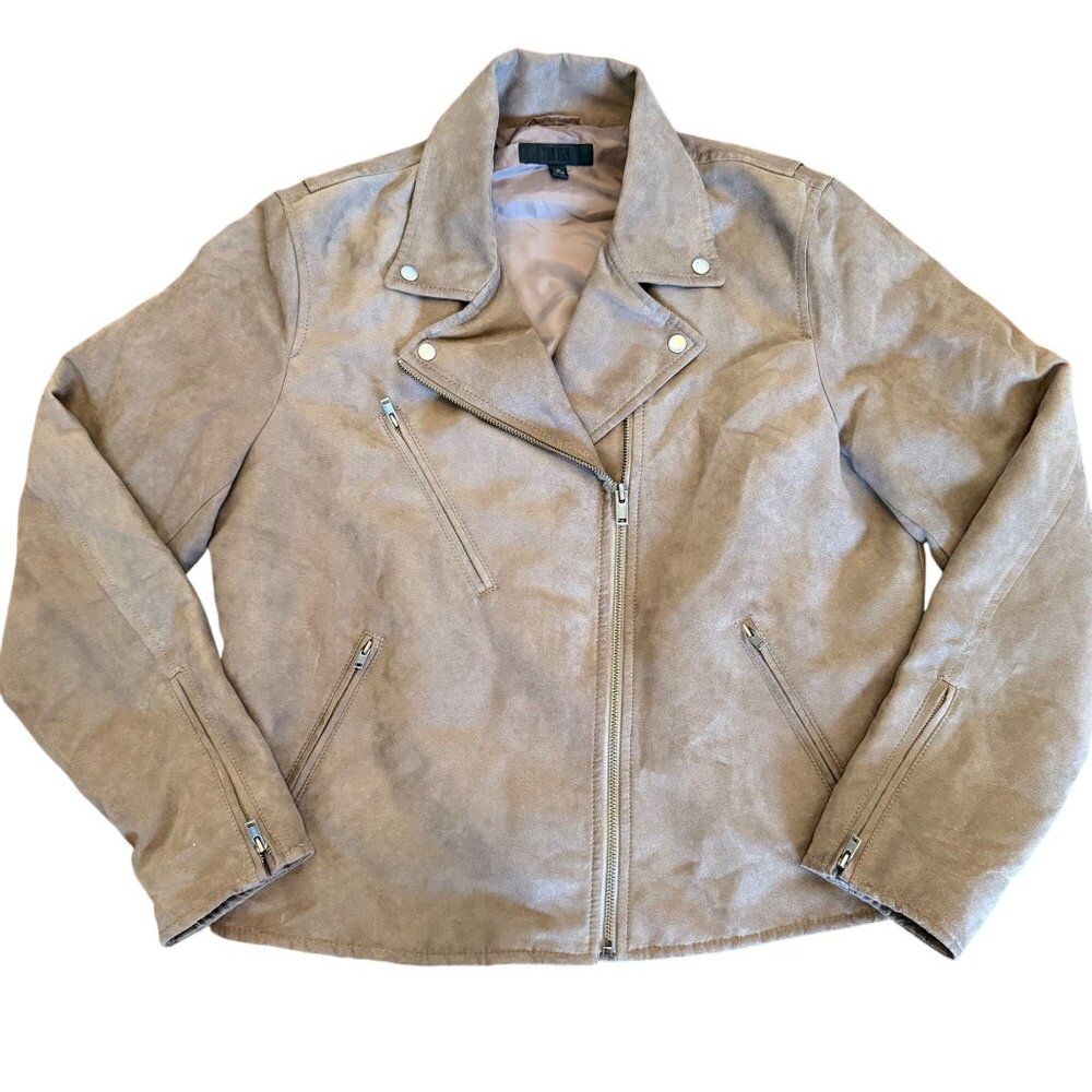 Uniqlo Women's Faux‎ Suede Moto Jacket Stone Brown Size L Stylish Casual Coat